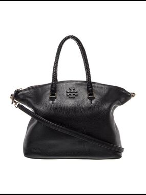 Tory Burch Black Pebbled Leather Tote with Braided Handles